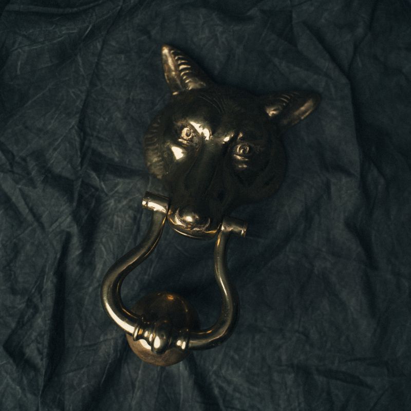 Close-up of the fox door knocker’s facial details and patina, showing texture in the brass and character in the design.
