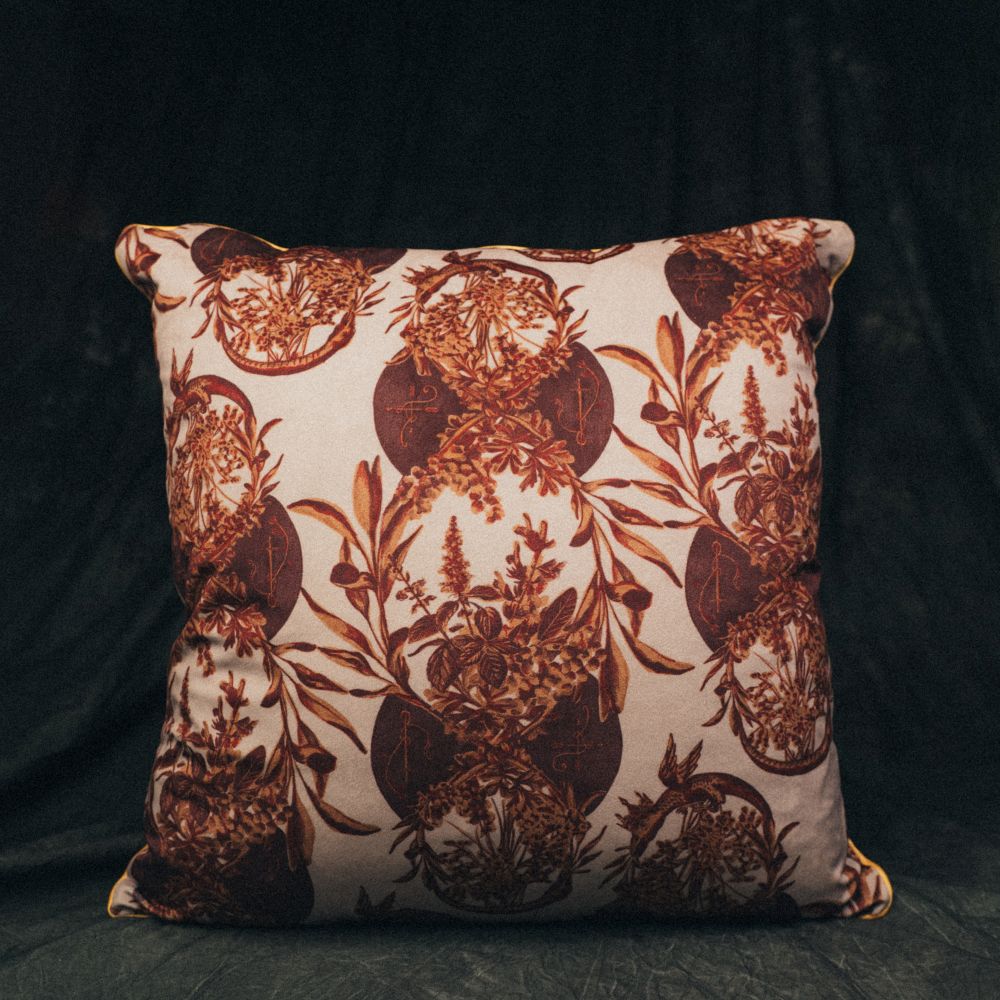Elixir of Life pillow in rich velvet with illustrated botanicals, perfect for adding a ritual-ready accent to your space.
