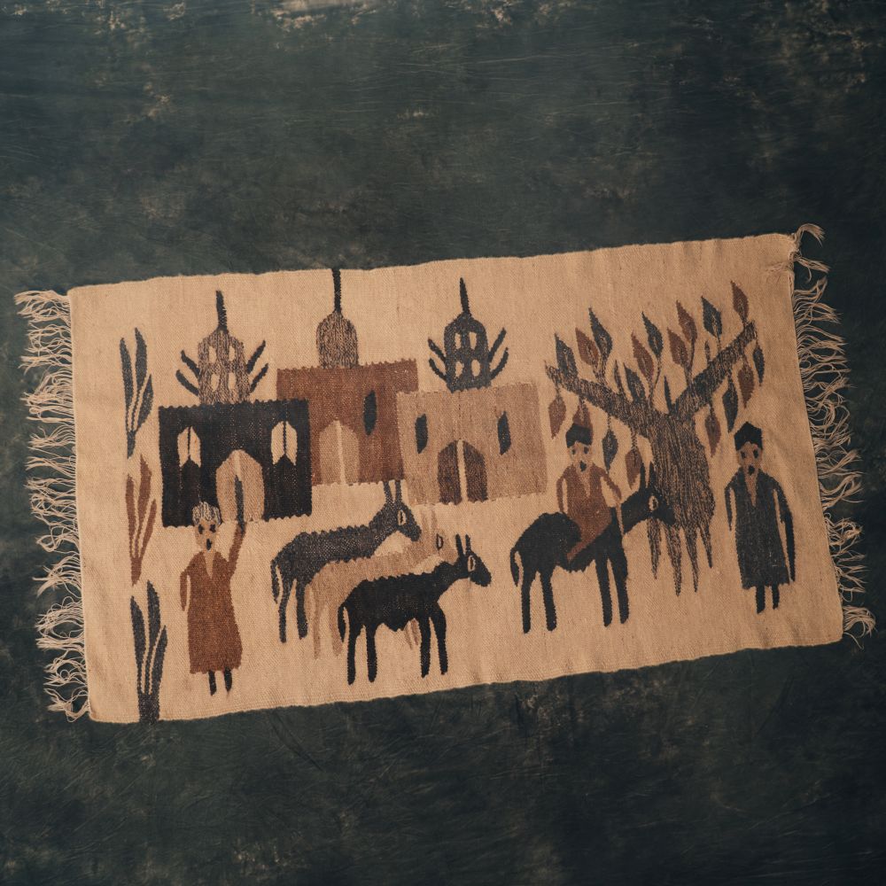 Handmade Kilim Pictorial Tapestry with artistic depiction of people and buildings on a dark background