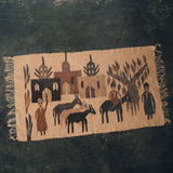 Handmade Kilim Pictorial Tapestry with artistic depiction of people and buildings on a dark background