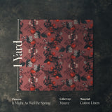 Fabric swatch with floral pattern on a dark background. The image includes measurement, pattern, colorways, and material details.