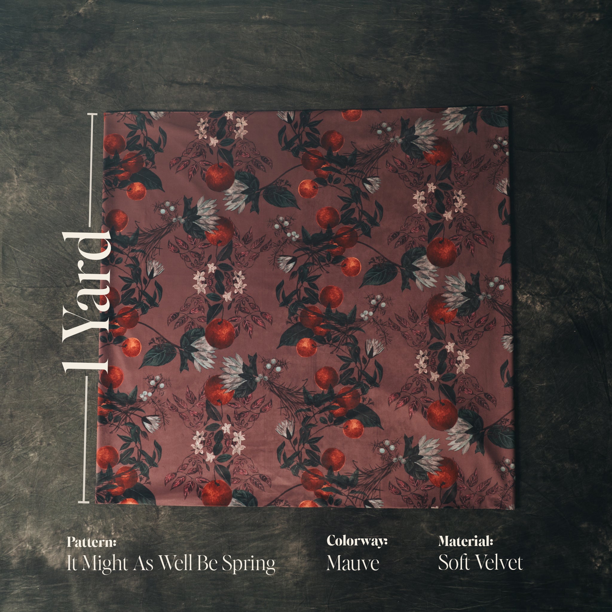 Velvet Fabric swatch with floral pattern on a textured background.  The image includes measurement, pattern, colorways, and material details.