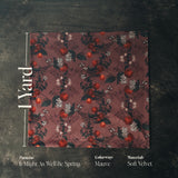 Velvet Fabric swatch with floral pattern on a textured background.  The image includes measurement, pattern, colorways, and material details.