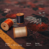 Spools of thread on It Might As Well Be Spring Mauve Velvet Fabric with text overlay