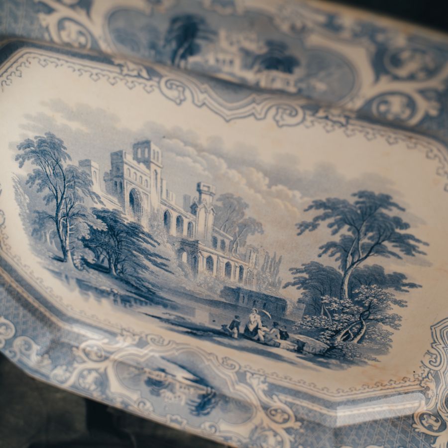 Decorative Serving Platter with blue and white landscape design featuring a castle.