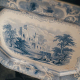 Decorative Serving Platter with blue and white landscape design featuring a castle.