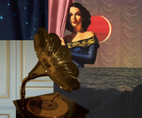 Vintage gramophone with a woman in a blue dress against a decorative curtain backdrop