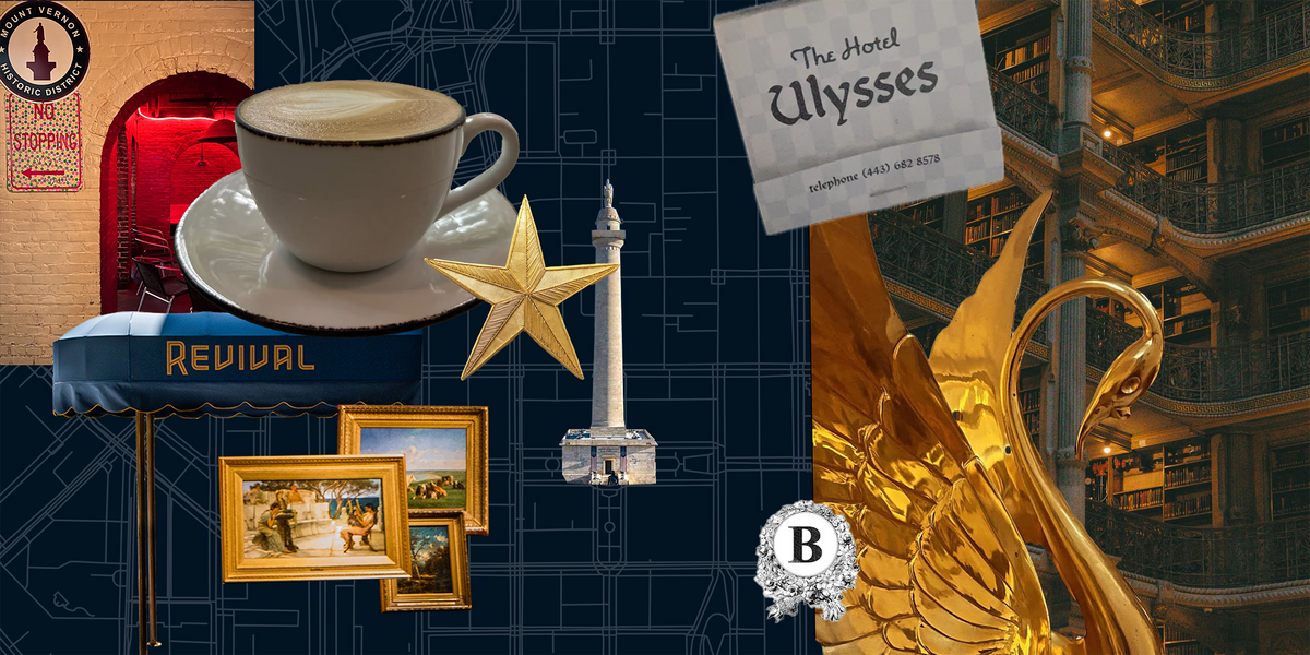 Collage of a cup and saucer, star, and architectural elements on a blue background with 'The Hotel Ulysses' sign.