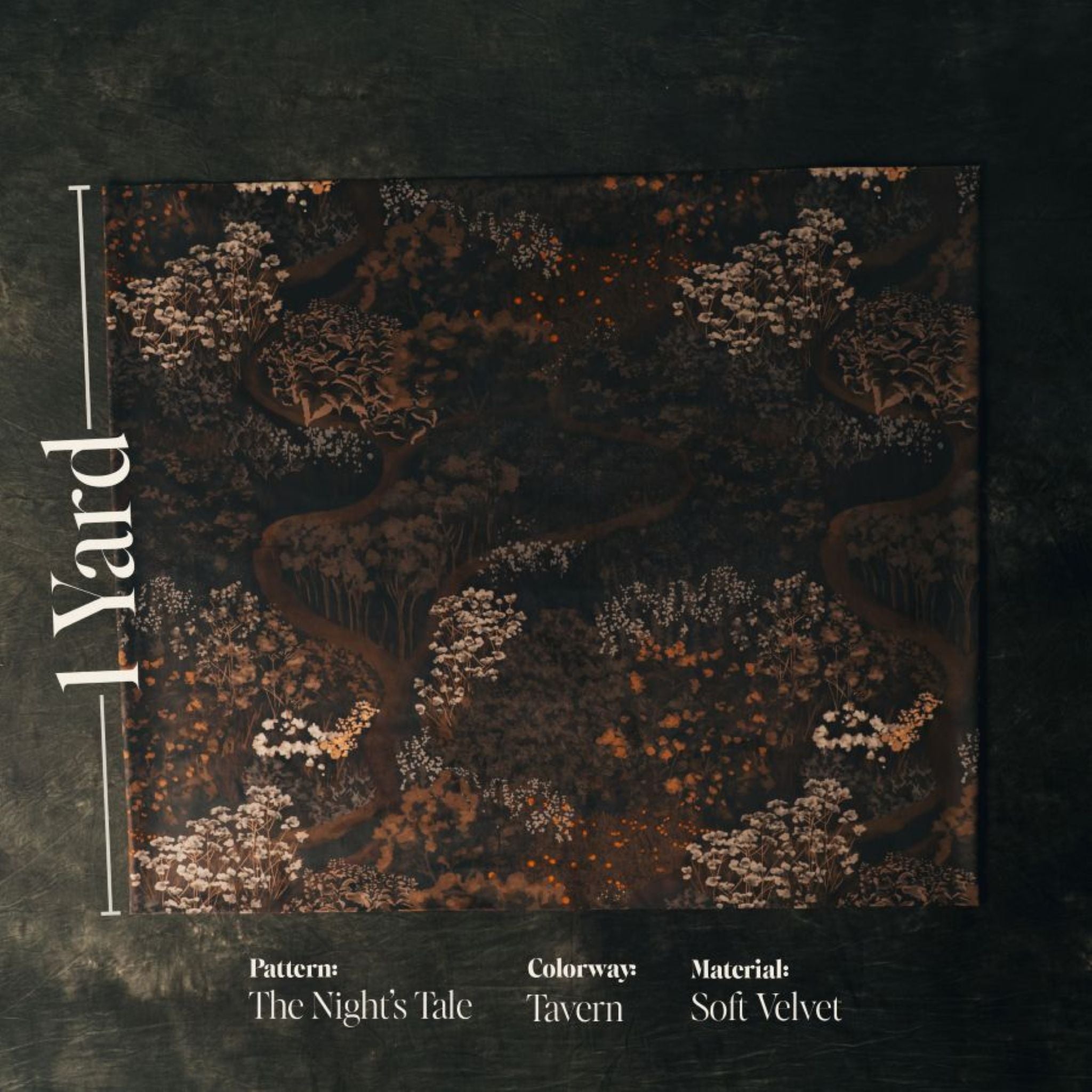 The Night's Tale Tavern sample fabric with a measurement of '1 Yard', Pattern, colorway, and material information 